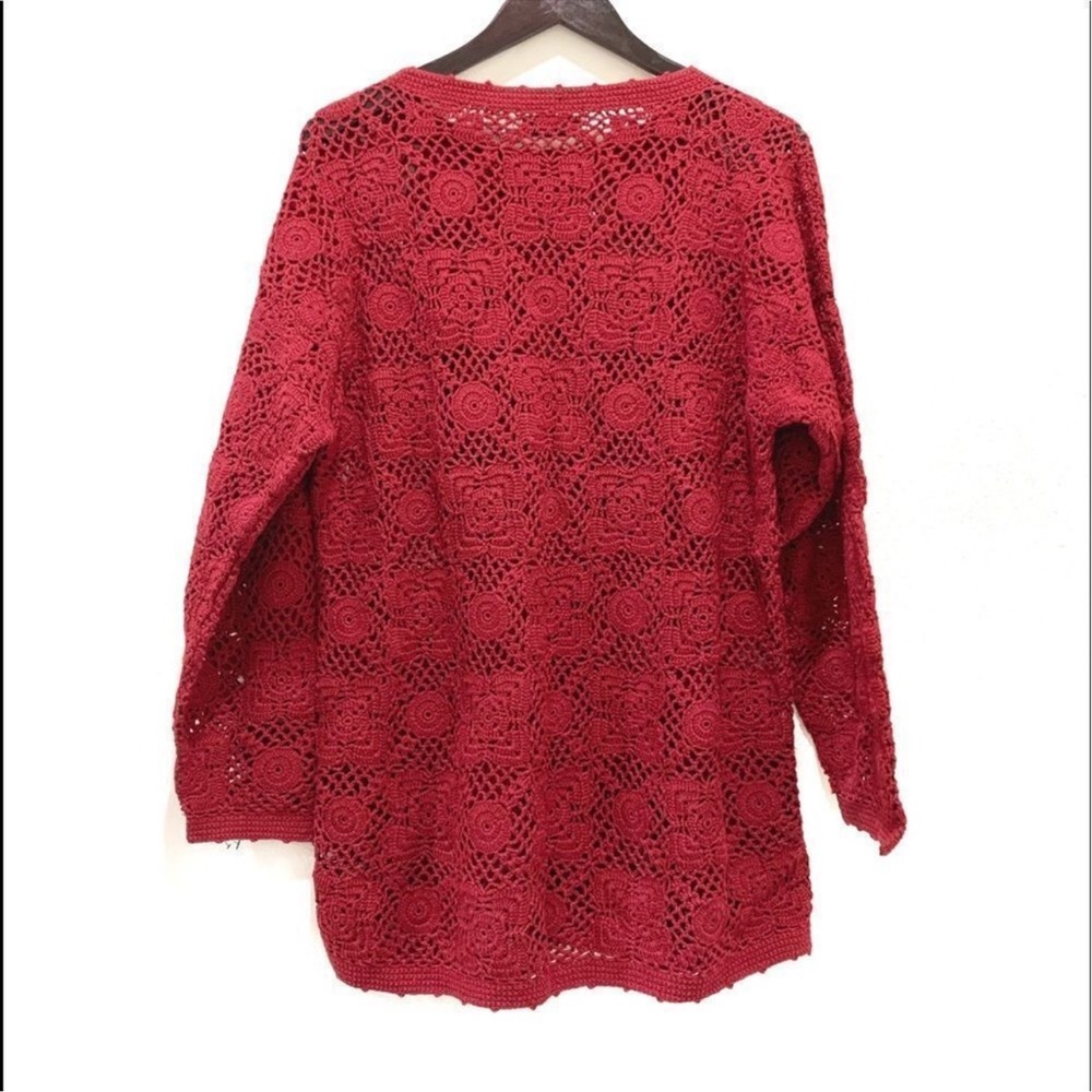 Vintage Y2K 90s Bohemian Burgundy Wine Crochet Tunic Sweater - Picture 11 of 14